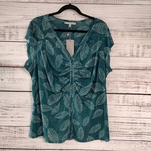Daniel Rainn Stitch Fix 3X Teal Leaf Print V-Neck Blouse NWT Ruched Front
